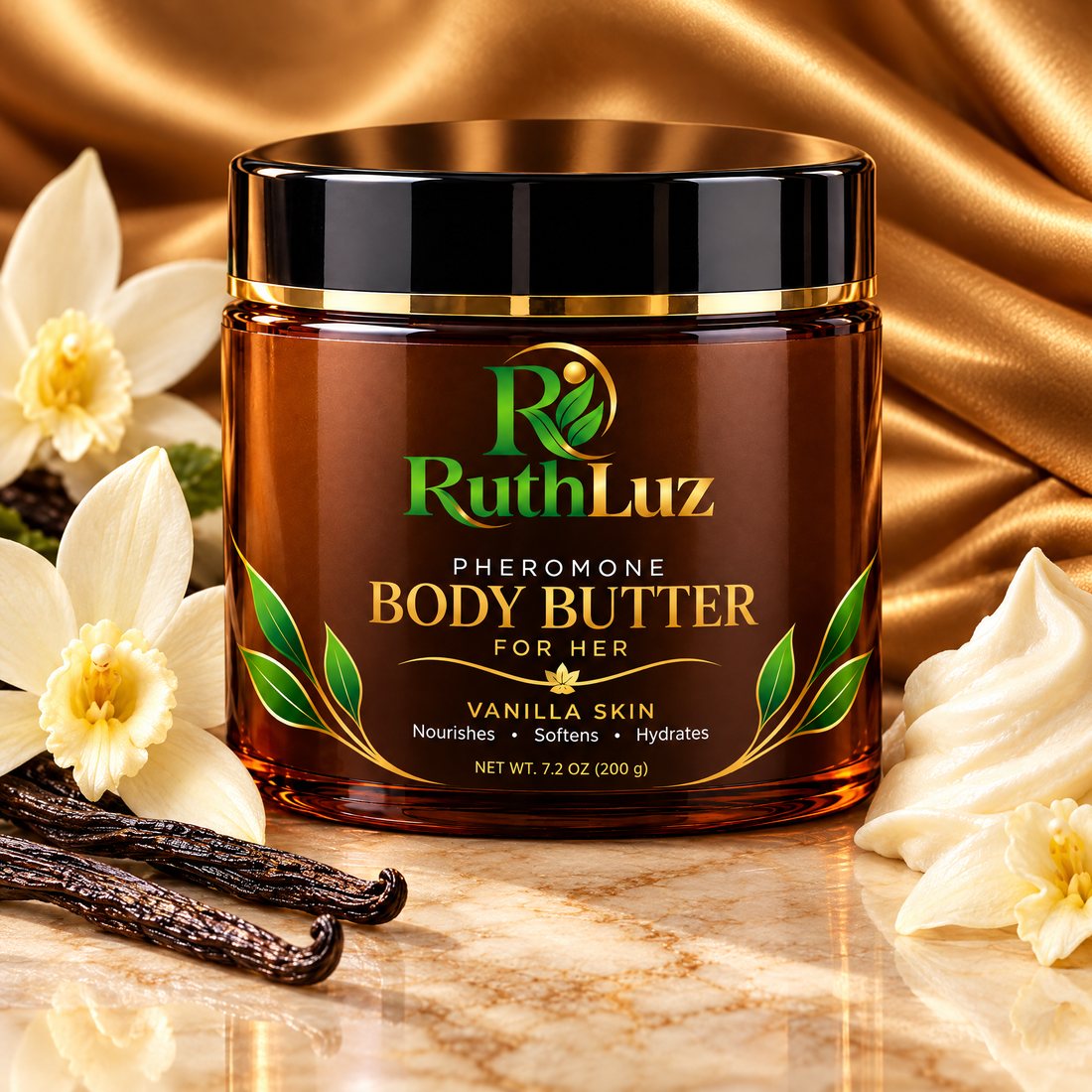 The RuthLuz Pheromone Body Butter jar styled with vanilla flowers and pods