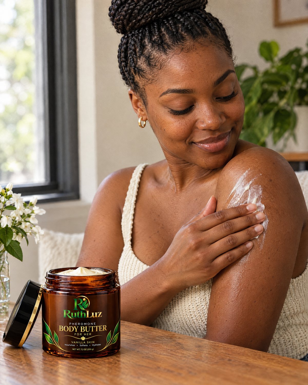 A woman smoothing RuthLuz body butter onto her shoulder