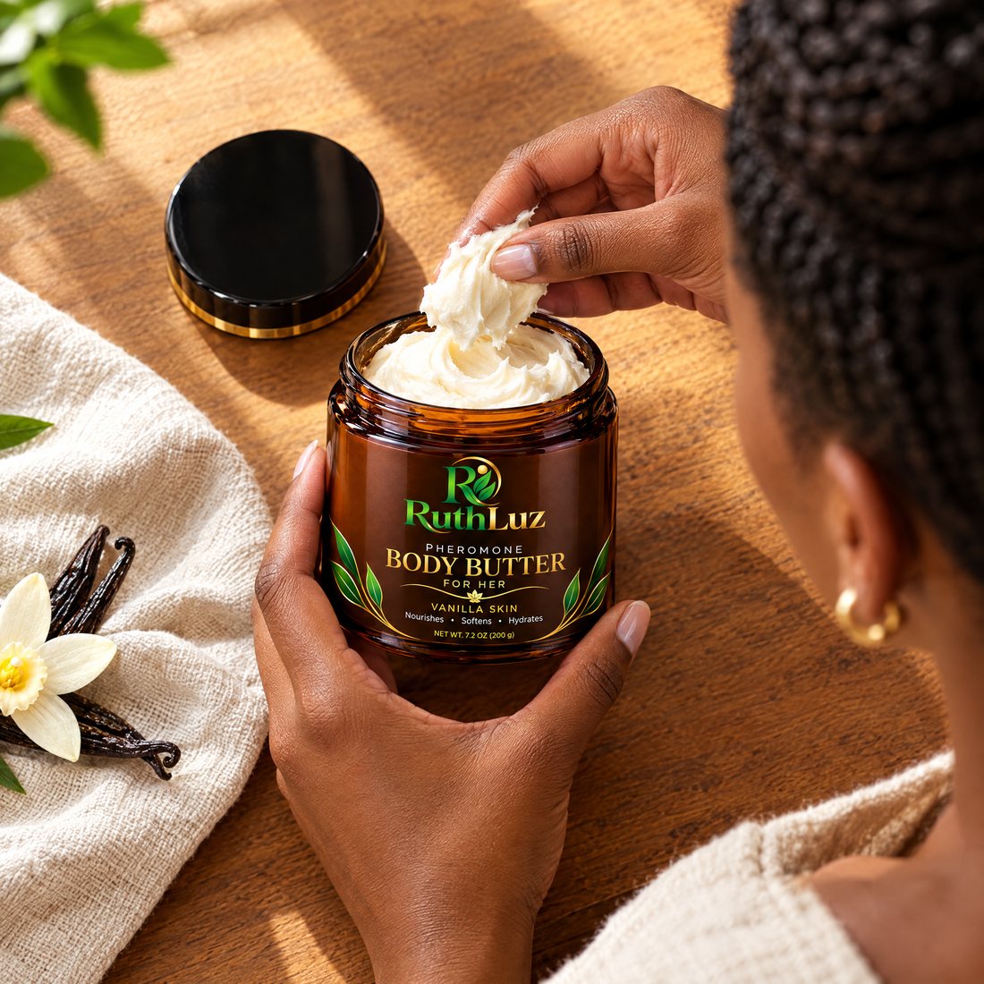 Hands lifting whipped body butter from the open RuthLuz jar
