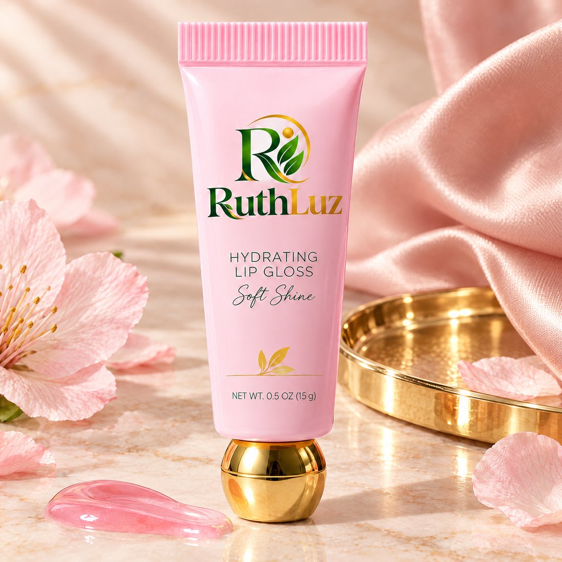 The RuthLuz Hydrating Lip Gloss tube styled with petals and gold